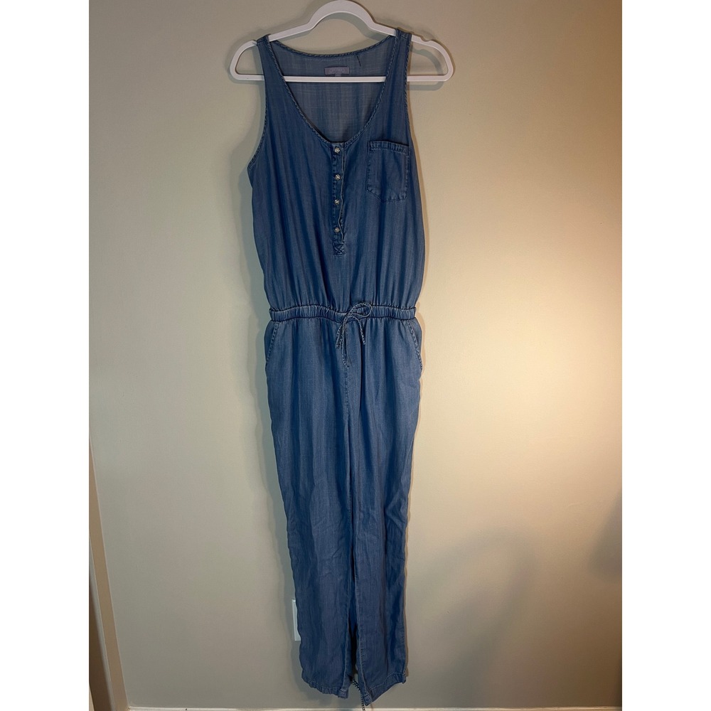 Cisono Womens Blue Tencel Denim Sleeveless Button Front Drawstring Jumpsuit M
